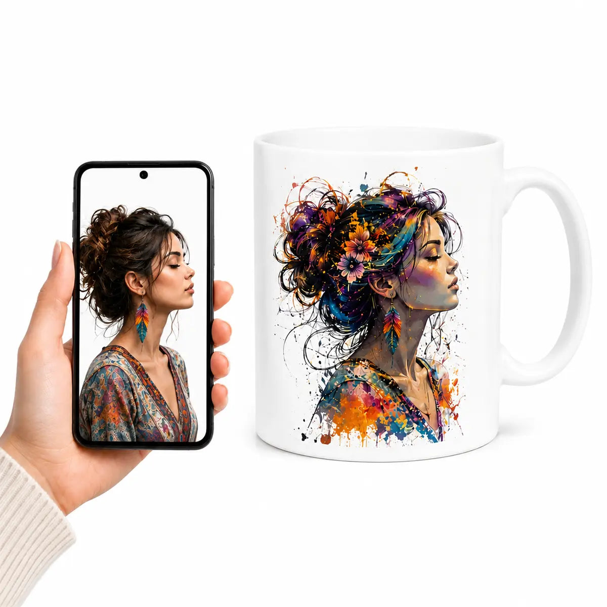 Watercolor woman portrait coffee mug with personalized photo displayed beside the mug on a smartphone.