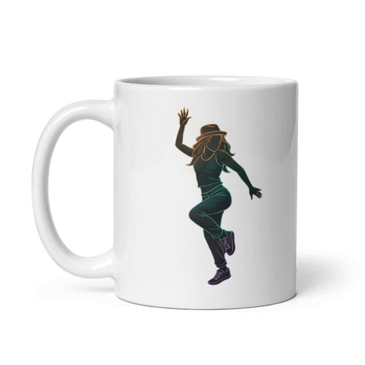 A white ceramic mug featuring a variation of the minimalist dancer design. This version showcases the female figure in a hat performing a different dance step with her left hand raised and knee bent, illustrated in a sleek neon gradient outline for a modern artistic look.