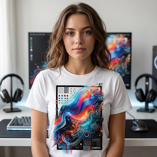 Woman in grey t-shirt with colorful abstract wave and tech patterns print featuring ': BT' text, in an office setting.