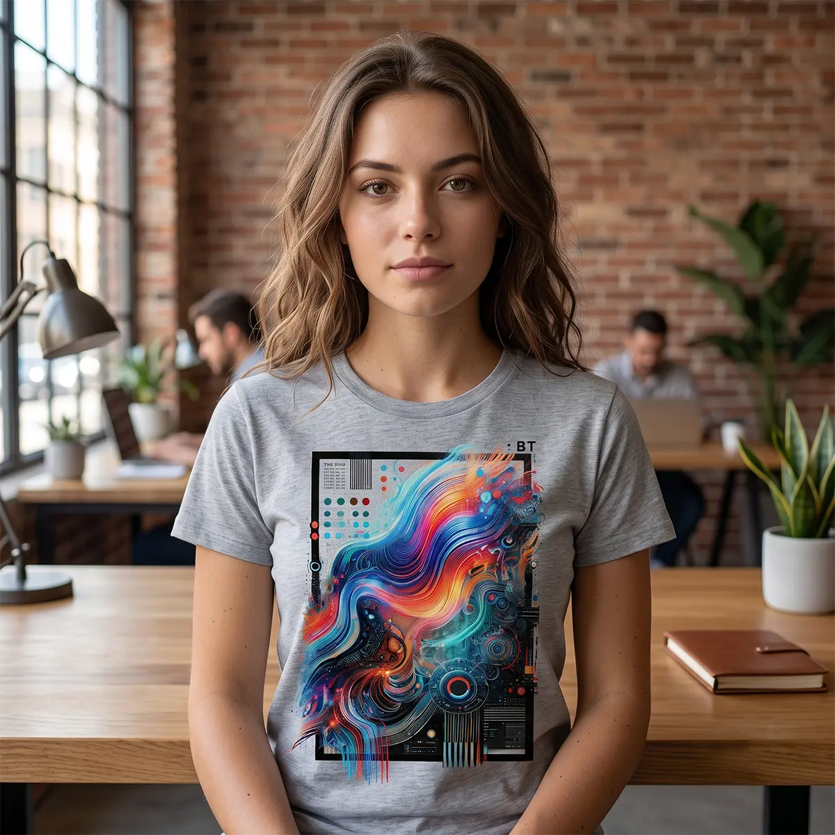 A woman wearing a heather gray t-shirt with a colorful abstract graphic print, standing in a modern office environment with a brick wall background.