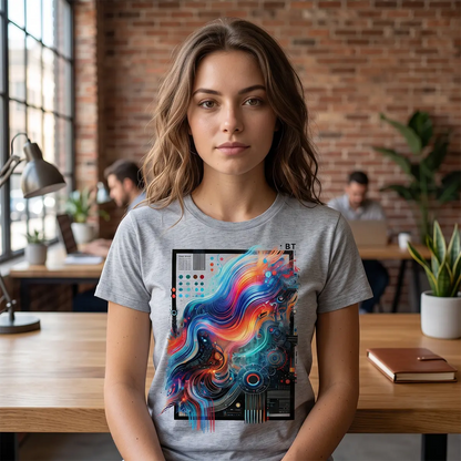 A woman wearing a heather gray t-shirt with a colorful abstract graphic print, standing in a modern office environment with a brick wall background.