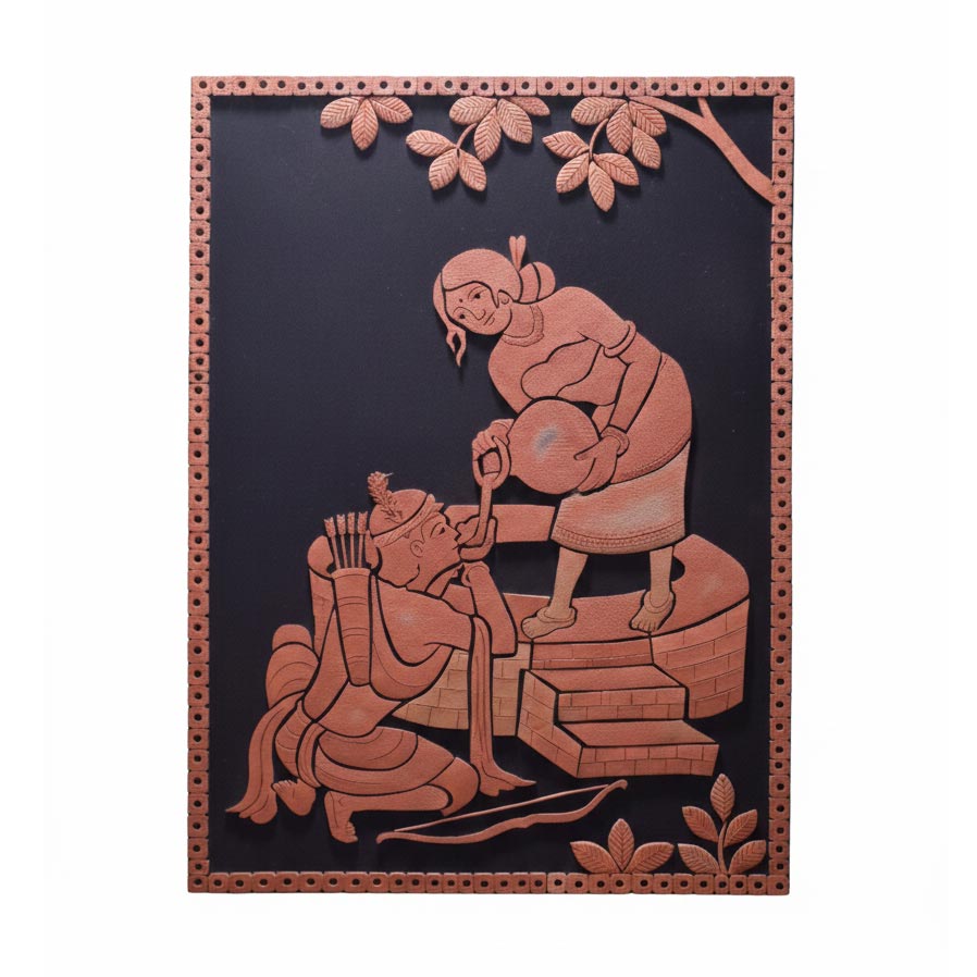 Handcrafted Indian terracotta wall art depicting a traditional village water scene, folk art clay relief showing rural life and storytelling decor.