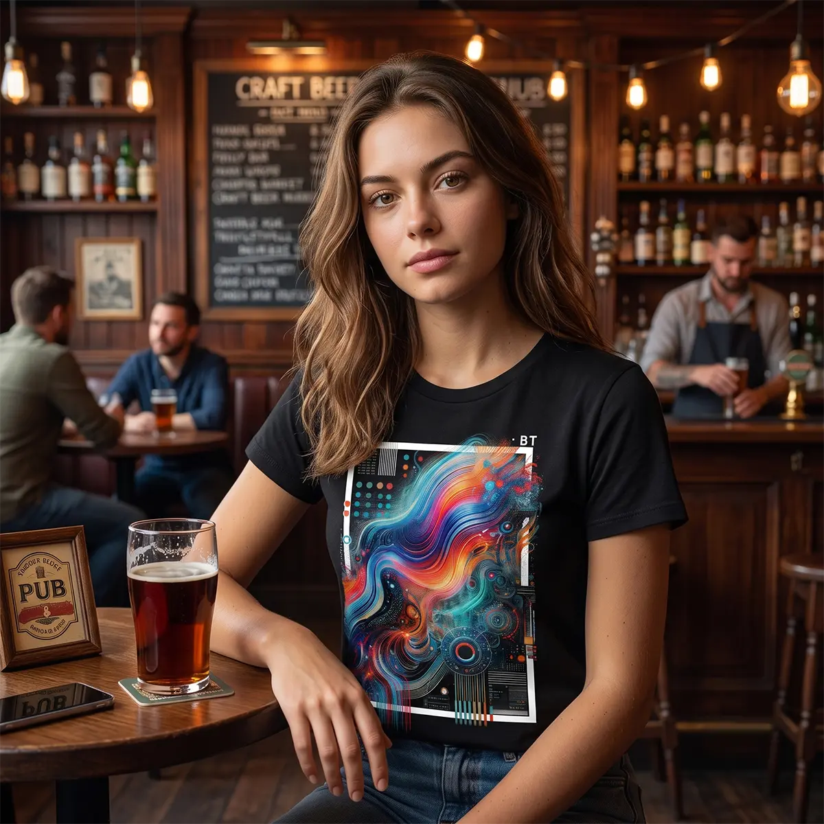 A woman sitting at a wooden bar table in a pub, wearing a black t-shirt with a colorful abstract graphic print. The background shows a dimly lit bar interior with other patrons and shelves of bottles.